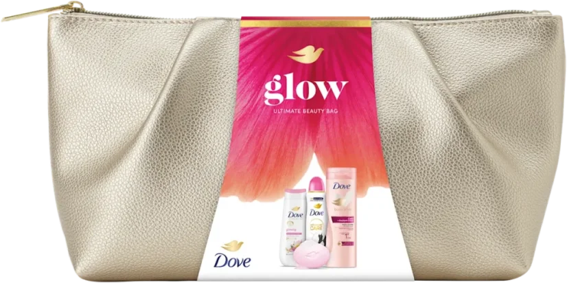 Dove Glow veľké darčekové balenie – sprchový gél + ružové mydlo + Advanced Invisible Care deodorant + telové mlieko Radiant Shine + kozmetická taška
