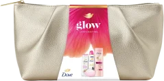 Dove Glow veľké darčekové balenie – sprchový gél + ružové mydlo + Advanced Invisible Care deodorant + telové mlieko Radiant Shine + kozmetická taška
