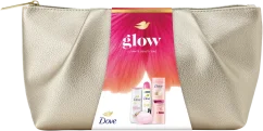 Dove Glow veľké darčekové balenie – sprchový gél + ružové mydlo + Advanced Invisible Care deodorant + telové mlieko Radiant Shine + kozmetická taška
