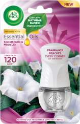 Air Wick elektrický osviežovač vzduchu a náplň Essential Oils - jemný satén a mesačná ľalia, 19 ml